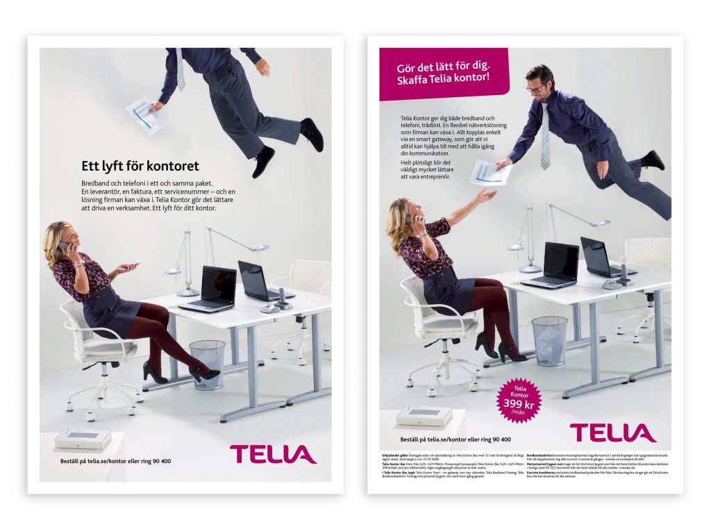 Två på varandra följande annonser för företagstjänst från Telia.